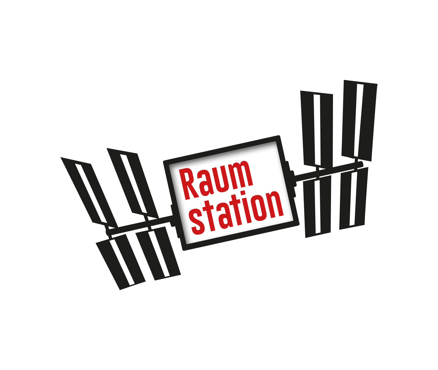 Eine schwarze Grafik in Form einer Raumstation. In der Mitte der Grafik steht in roten Buchstaben das Wort "Raumstation".