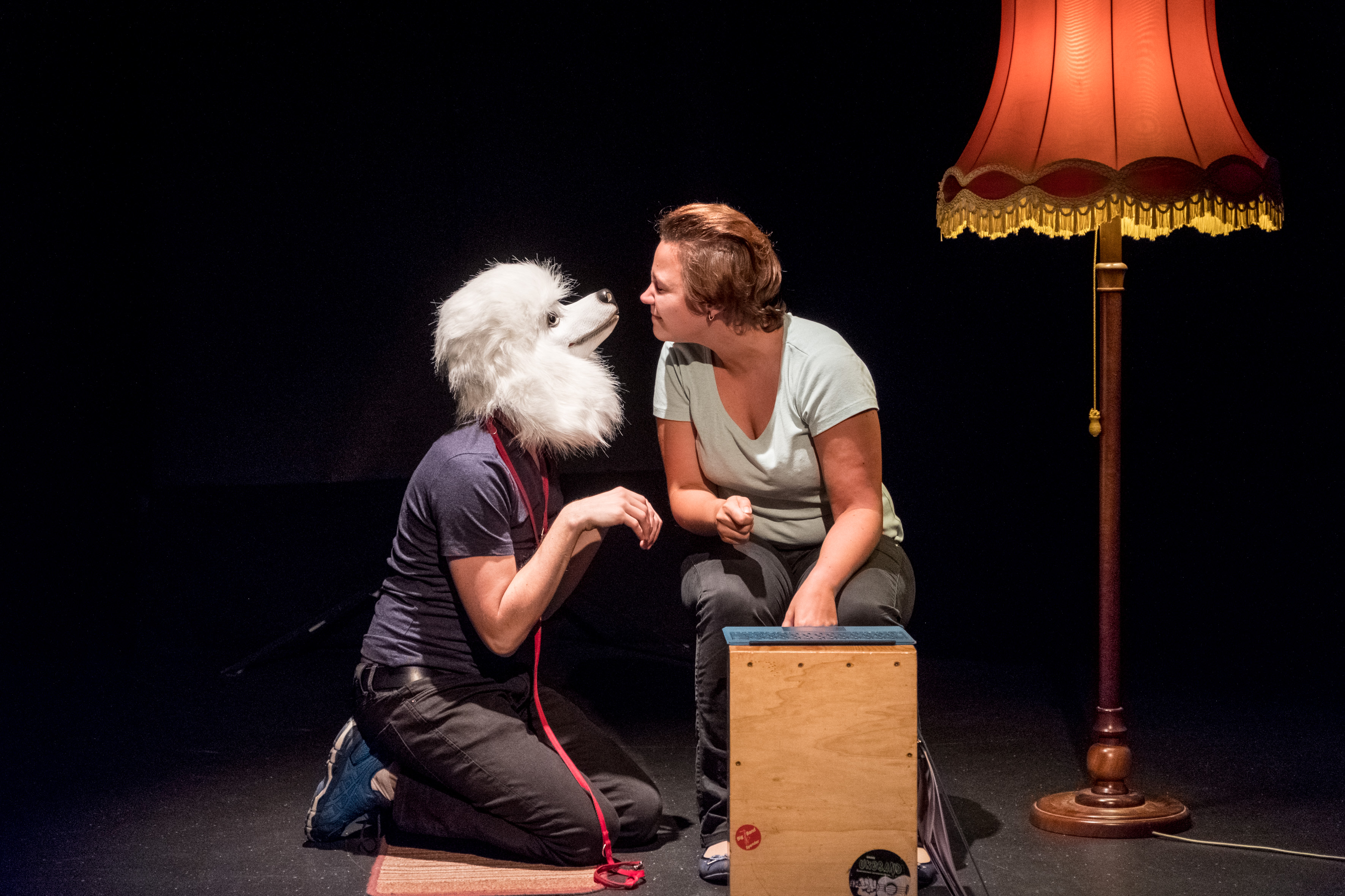 Das Foto ist bei einer Theateraufführung entstanden. Eine Frau sitzt vor einem braunen Hocker. Neben der Frau hockt eine Person. Die Person trägt eine weiße Hundemaske und hält die Hände angewinkelt vor die Brust. Die Frau und die andere Person schauen sich an. Rechts neben den Personen steht eine Lampe mit rotem Lampenschirm. Die Lampe ist eingeschaltet. Der Hintergrund des Bildes ist schwarz.