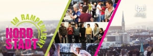 Banner zum Projekt "Nordstadt im Rampenlicht". Links befindet sich das Logo von "Nordstadt im Rampenlicht". In der Mitte sind drei Fotos mit Personen. Rechts sieht man die Stadt Hildesheim von oben.