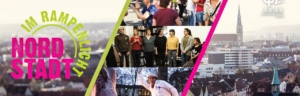 Banner zum Projekt "Nordstadt im Rampenlicht". Links befindet sich das Logo von "Nordstadt im Rampenlicht". In der Mitte sind drei Fotos mit Personen. Rechts sieht man die Stadt Hildesheim von oben.