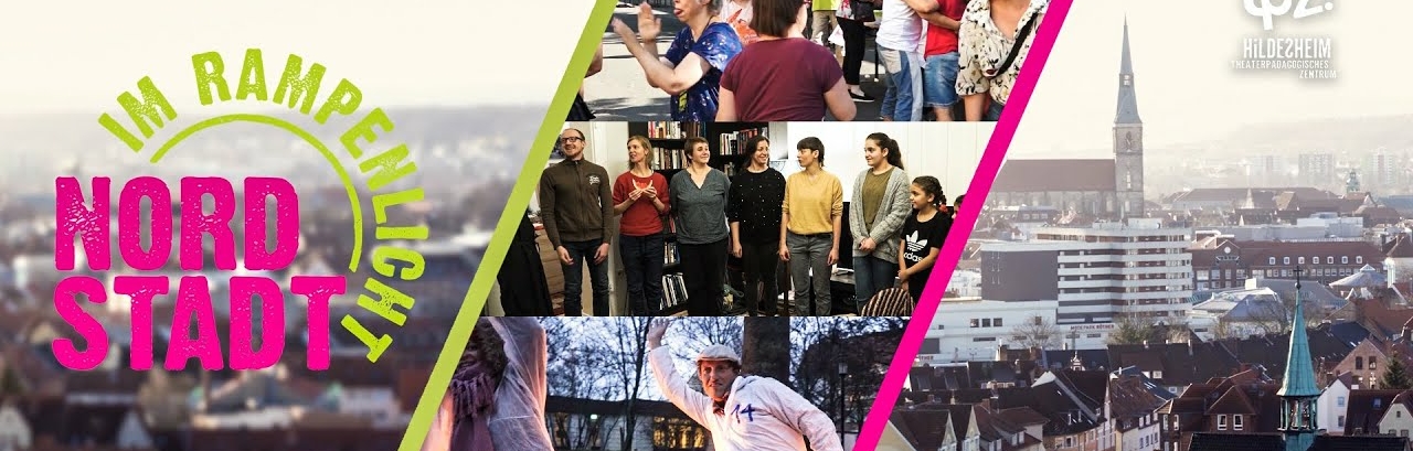 Banner zum Projekt "Nordstadt im Rampenlicht". Links befindet sich das Logo von "Nordstadt im Rampenlicht". In der Mitte sind drei Fotos mit Personen. Rechts sieht man die Stadt Hildesheim von oben.