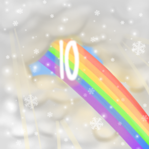 Gemalte Wolken mit Schneeflocken. Aus den Wolken bricht ein Regenbogen hervor. Darüber befindet sich die Nummer 10.