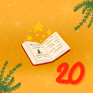Ein gemaltes, aufgeklapptes Buch. Darunter die Nummer 20.