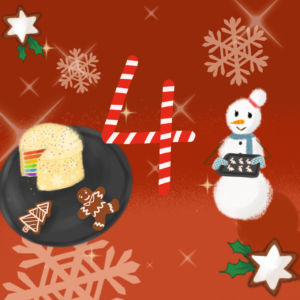 Das Bild ist gemalt. Links befindet sich ein schwarzer Teller. Auf dem Teller liegen ein Kuchen und zwei Lebkuchen-Männchen. Rechts steht ein Schneemann. Der Schneemann hat ein Tablett in der Hand. Auf dem Tablett liegen Kekse. In der Mitte des Bildes befindet sich die Nummer 4.