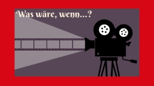 Banner zum Projekt "Was wäre wenn". Eine gemalte Kamera vor einem lila Hintergrund.
