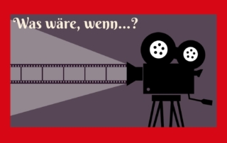 Banner zum Projekt "Was wäre wenn". Eine gemalte Kamera vor einem lila Hintergrund.