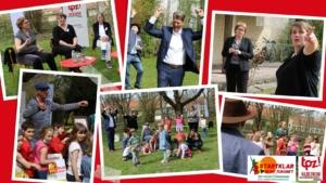 Eine Collage zeigt den Besuch der Sozialministerin Daniela Behrens. Auf mehreren Fotos hüpfen Kinder über eine Wiese.