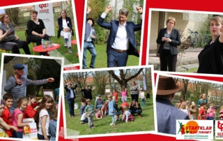 Eine Collage zeigt den Besuch der Sozialministerin Daniela Behrens. Auf mehreren Fotos hüpfen Kinder über eine Wiese.