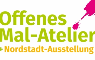 Vor einem weißen Hintergrund befindet sich die Aufschrift: "Offenes Mal-Atelier + Nordstadt-Ausstellung".