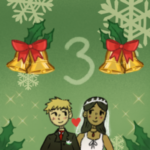 Das Bild ist gemalt. Ein Hochzeitspaar steht vor einem grünen Hintergrund. Über dem Paar läuten goldene Glocken. In der Mitte des Bildes befindet sich die Nummer 3.