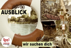Die Postkarte zeigt eine Bildercollage mit Orten aus Hildesheim. Links sieht man durch einen Schwimmring auf ein Schwimmbecken. Rechts befindet sich eine Bushaltestelle und ein Stromkasten mit Graffiti-Motiv.