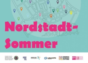 Ein Ausschnitt aus dem Plakat vom Nordstadt-Sommer. Pinke Schrift auf einem blauen Hintergrund mit Karte der Nordstadt.