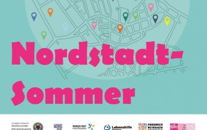 Ein Ausschnitt aus dem Plakat vom Nordstadt-Sommer. Pinke Schrift auf einem blauen Hintergrund mit Karte der Nordstadt.